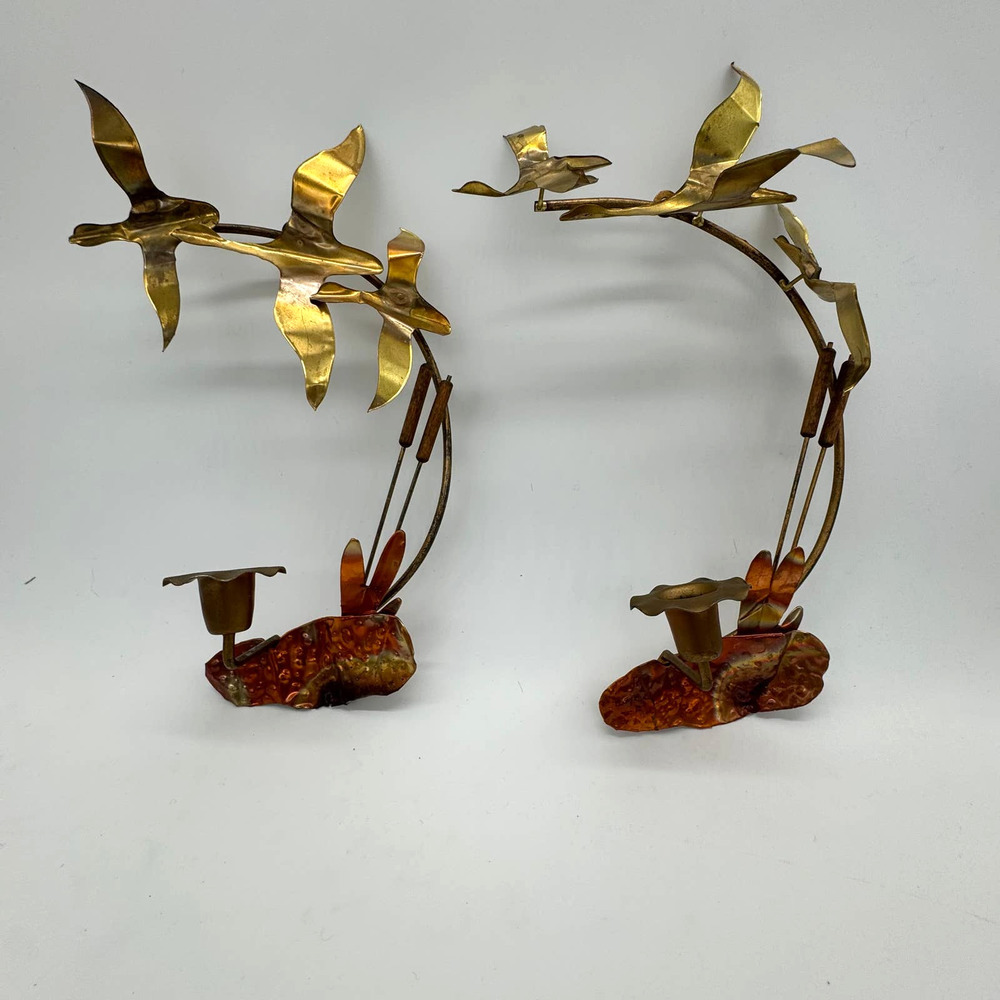 Vtg MCM Metal Wall Art after Jere‎ Birds in Flight Sculpture Candle Holder Brass